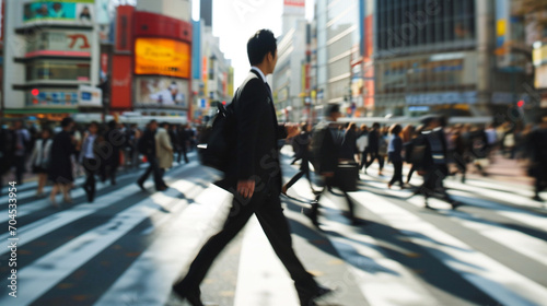 Businessman rushing to work in crowded city street, AI Generated