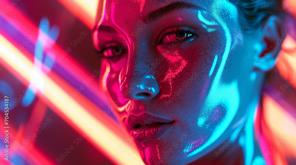 Futuristic digital portrait in neon colors, AI Generated