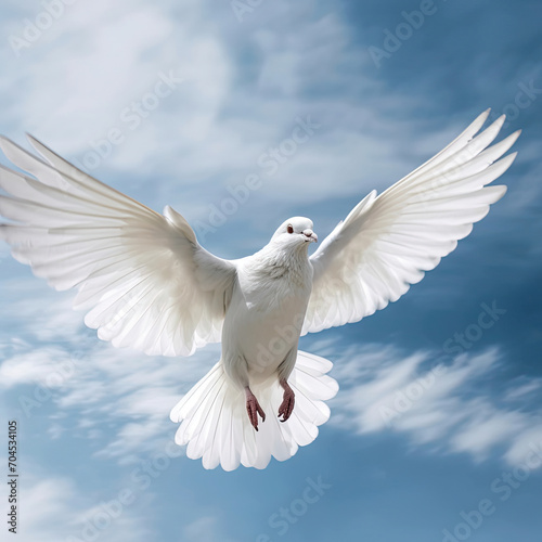 Graceful Flight: A White Dove Soars in the Blue Sky