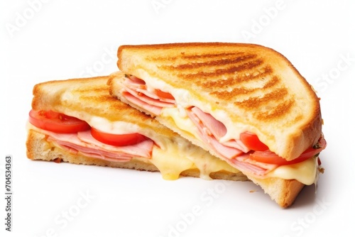 Crispy toasted sandwiches with ham, melted cheese and tomato on white background, Street food