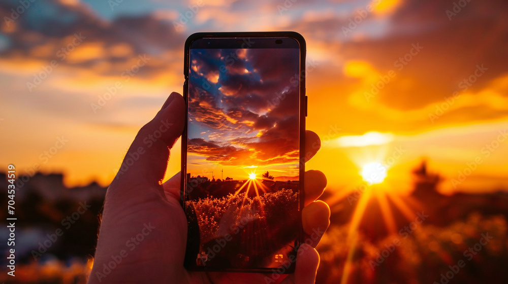 Phone showing vibrant, beautiful sunset, AI Generated - obrazy, fototapety, plakaty 