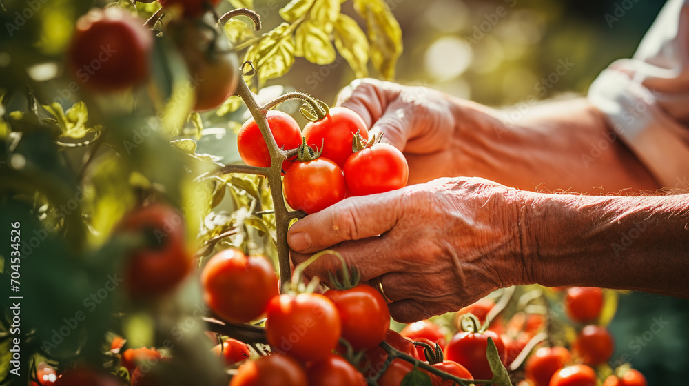 harvesting tomatoes in a basket.Generative AI