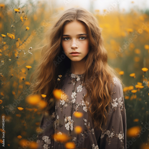 Portrait of a young beautiful girl among wildflowers.