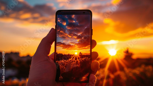 Phone showing vibrant, beautiful sunset, AI Generated photo
