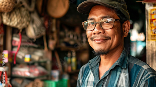Small business owner proudly standing in his shop, AI Generated photo