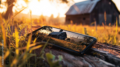 Smartphone with rustic country barn scene on its screen, AI Generated