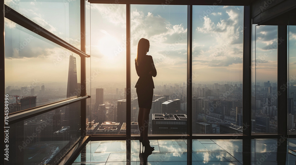Woman CEO standing in her high-rise office, AI Generated