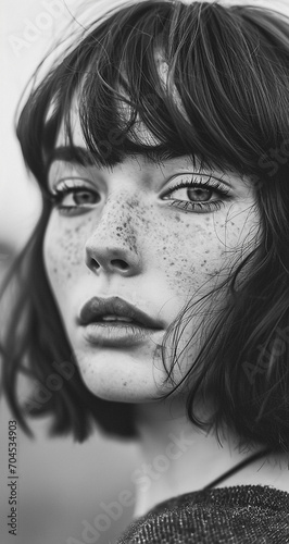 Black and white photography of a natural woman. She has some freckles and a short bob and bangs. She looks into the camera. Soft atmospheric scenes  powerful portraits.