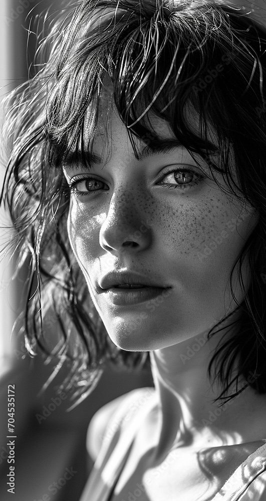 Black and white photography of a natural woman. She has some freckles and a short bob and bangs. She looks into the camera. Soft atmospheric scenes, powerful portraits. Black and white photography of a natural woman. She has some freckles and a short bob and bangs. She looks into the camera. Soft atmospheric scenes, powerful portraits.