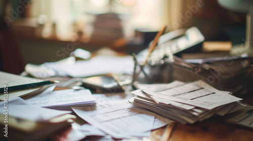 Accountant's desk cluttered with financial statements, AI Generated photo