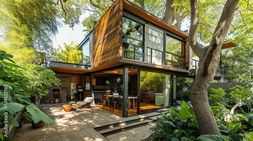 Eco-friendly house with investments like flourishing tree in backyard, AI Generated © Shining Pro