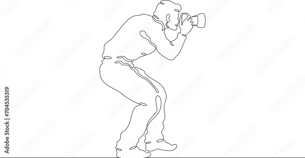 Photographer on the set. Photographer with a camera in his hands. The cameraman is filming. One continuous line drawing. Linear. Hand drawn, white background. One line