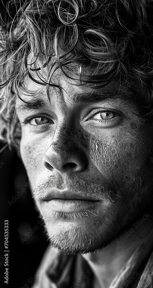 Black and white photography of a natural man looking dreamy and reserved. He has messy hair. He looks into the camera. Gentle atmospheric scenes, powerful portraits.