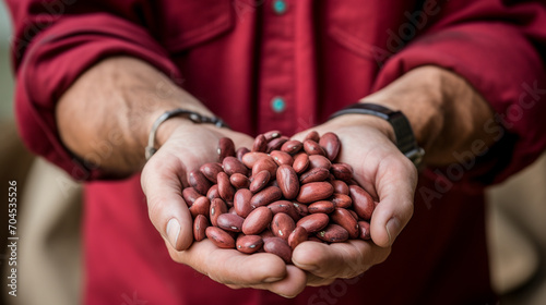 close-up of red beans in hands.Generative AI