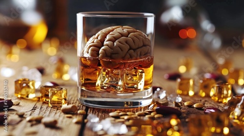abstract human brain in a glass of whiskey with ice, alcoholism causes dementia, banner photo