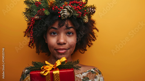 Playful woman cheekily hiding gift box behind her, AI Generated photo