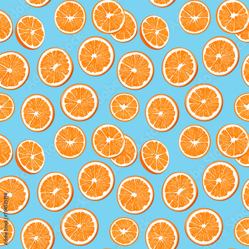 Seamless pattern illustration of juicy orange slices on a blue background.