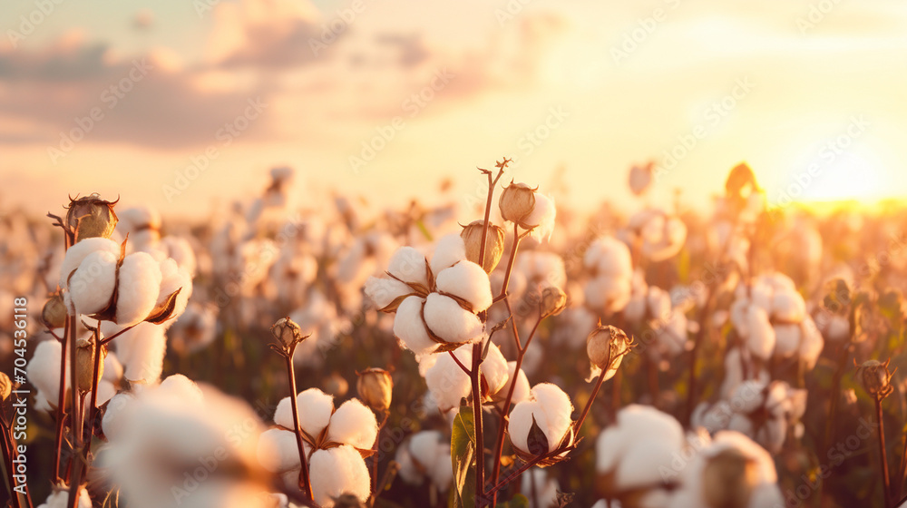 Cotton fields ready for picking. cotton field at sunset.Generative AI - obrazy, fototapety, plakaty 