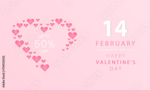  Poster or banner Happy Valentine's day. Background for sale with hanging hearts. Discount up to 50%. Happy Valentine's day. Header or voucher template with hearts.