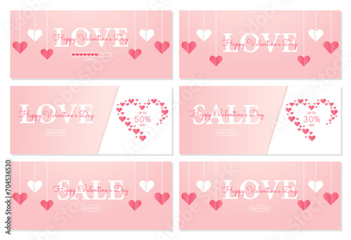 Set of posters or banners with Valentine's day. Background for sale with hanging hearts. Happy Valentine's Day header or voucher template with hanging hearts. photo