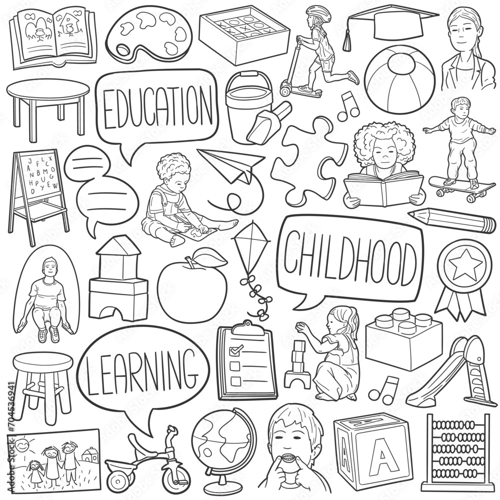 Childhood Doodle Icons Black and White Line Art. Education Clipart Hand