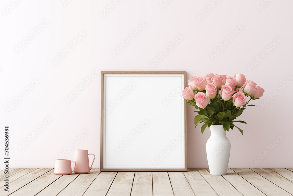Stylish interior with an empty frame, coffee table, and vase of roses Stylish interior with an empty frame, coffee table, and vase of roses