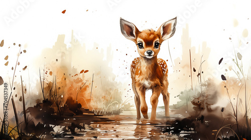 Watercolor illustration of cute fawn in nature.