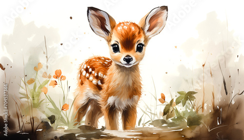 Watercolor illustration of cute fawn in nature.