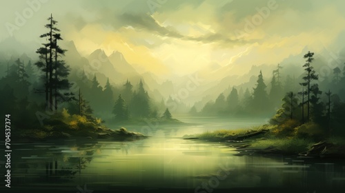 abstract green landscape idyllic scenery oil painting texture design. lake surrounded by evergreen trees at sunset or sunrise. nature environment travel tranquility  concept background illustration. 