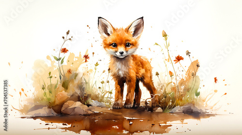 Colorful watercolor illustration of cute baby fox. Little fox in a natural environment. photo