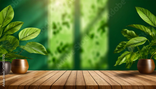 Wooden table top on green background with green leaf and sunlight