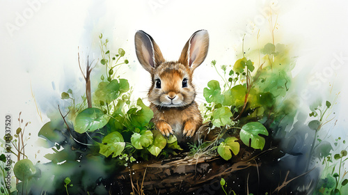 Colorful watercolor illustration of cute baby rabbit. In a natural environment.