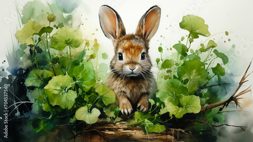 Colorful watercolor illustration of cute baby rabbit. In a natural environment.