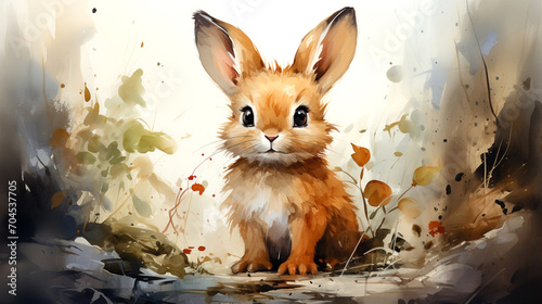 Colorful watercolor illustration of cute baby rabbit. In a natural environment.