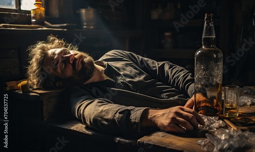 drunk man alcoholic gets drunk and sleeps in a dirty barn, alcoholism causes dementia, banner