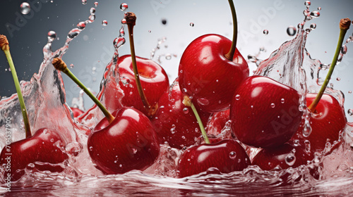 Smooth Fresh ripe organic red Cherry Fruits falling into water and splashes created with Generative AI Technology