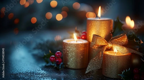 christmas candle and decorations  Step into the magic of the season with a cinematic portrayal of beautiful gold candles  dressed in holiday splendor with a bow and holly