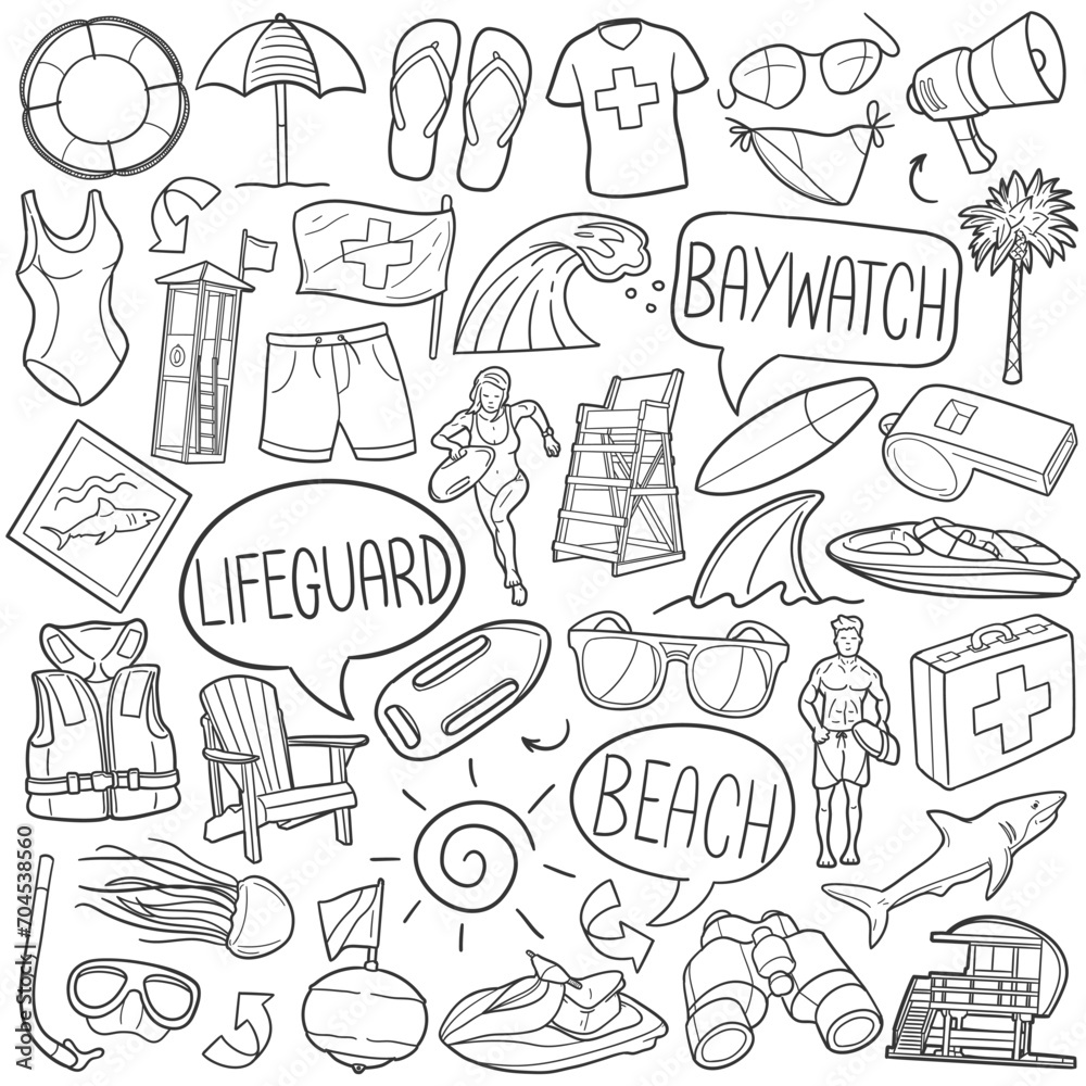 Lifeguard Doodle Icons Black and White Line Art. Bay Clipart Hand Drawn Symbol Design.