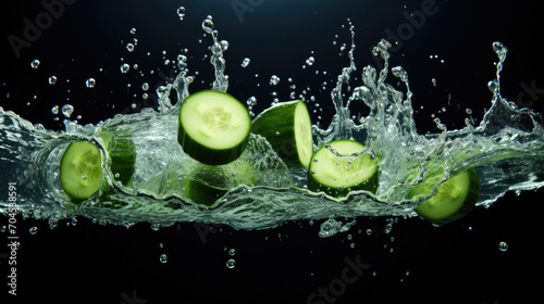 Smooth Fresh organic slices raw green Cucumber Vegetables falling into water and splashes created with Generative AI Technology