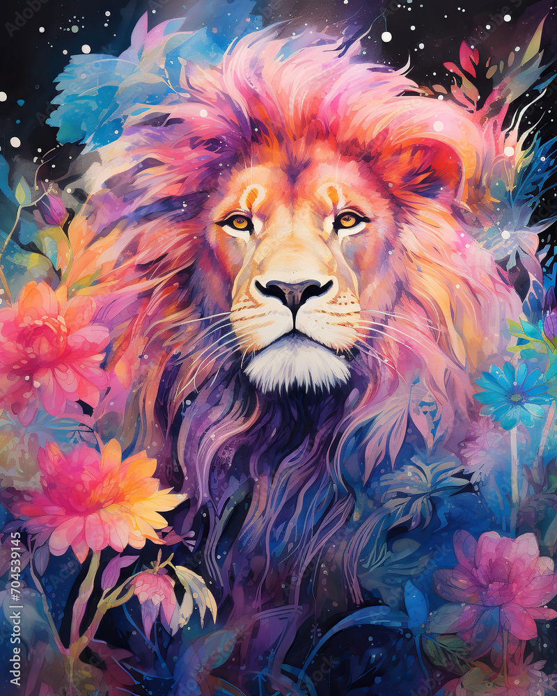 Floral Majesty: A Lion Amidst Blossoms,portrait of a lion