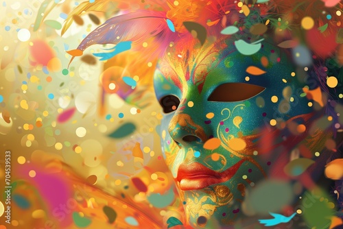 Ilustração de máscara de carnaval com fundo colorido, exaltando todas as cores do carnaval brasileiro e veneziano