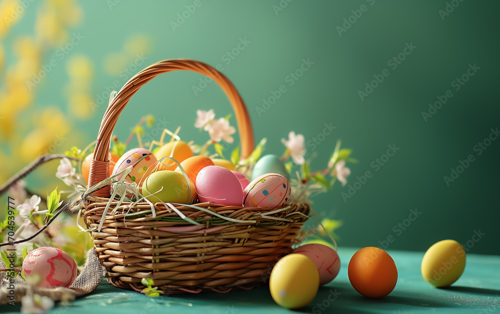 A wicker basket with colourful easter eggs on a green background
