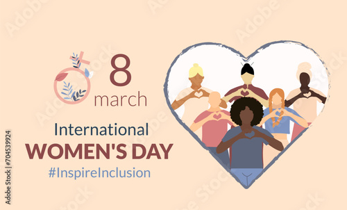 Campaign 2024 #inspireinclusion. Conceptual celebration of International Women's Day. March 8. Card, template with heart shaped fingers