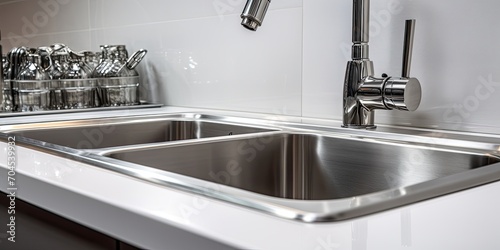 Close-up of a white kitchen sink and stove with stainless steel appliances  in .