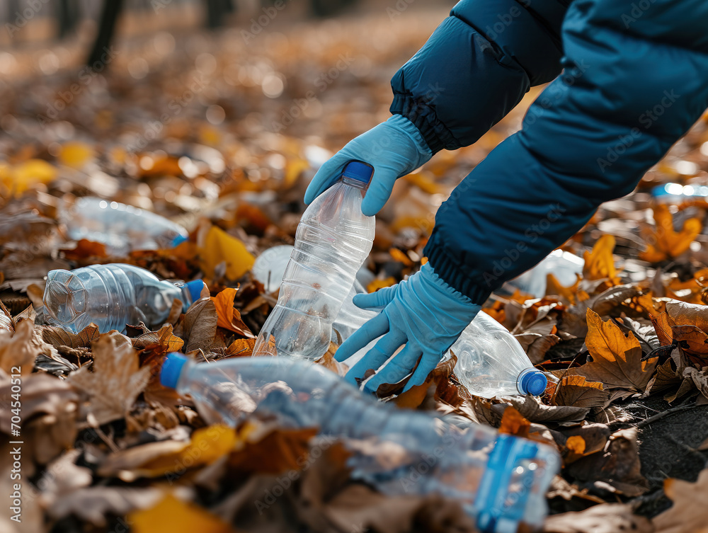 Volunteers diligently collect plastic bottles and other trash from a messy ground filled with stew and dried leaves