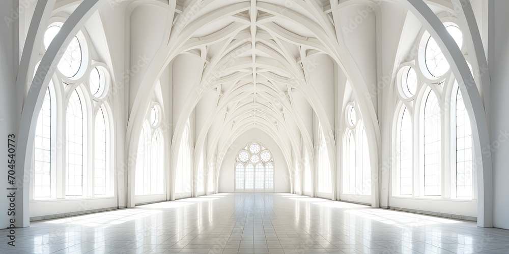 Detailed architectural perspective of a white building's vaulted walls.