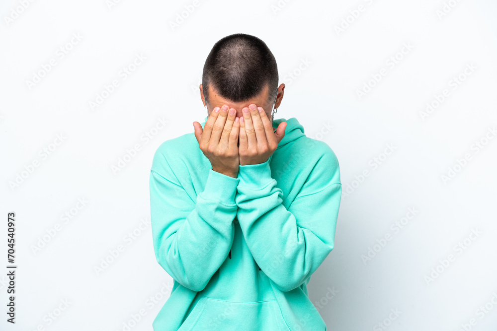 Young caucasian man isolated on white background with tired and sick expression Young caucasian man isolated on white background with tired and sick expression