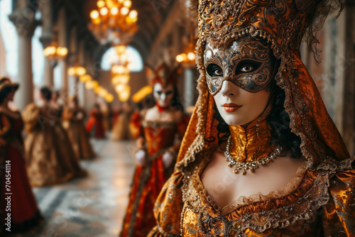 An elegant masquerade ball during the Venetian Carnival, dancers in exquisite period costumes and intricate masks, opulent ballroom setting with chandeliers and marble floors, rich, and luxurious
