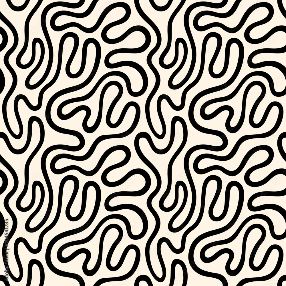 Fluid, curved line, wriggling stripe seamless vector pattern. Liquid, funky chaotic ornament, black and white trendy intricate background. Doodle, uneven hand drawn endless wavy, winding line texture. Fluid, curved line, wriggling stripe seamless vector pattern. Liquid, funky chaotic ornament, black and white trendy intricate background. Doodle, uneven hand drawn endless wavy, winding line texture.