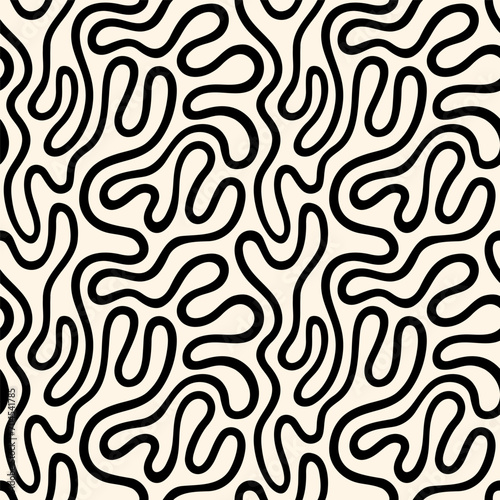 Fluid, curved line, wriggling stripe seamless vector pattern. Liquid, funky chaotic ornament, black and white trendy intricate background. Doodle, uneven hand drawn endless wavy, winding line texture.